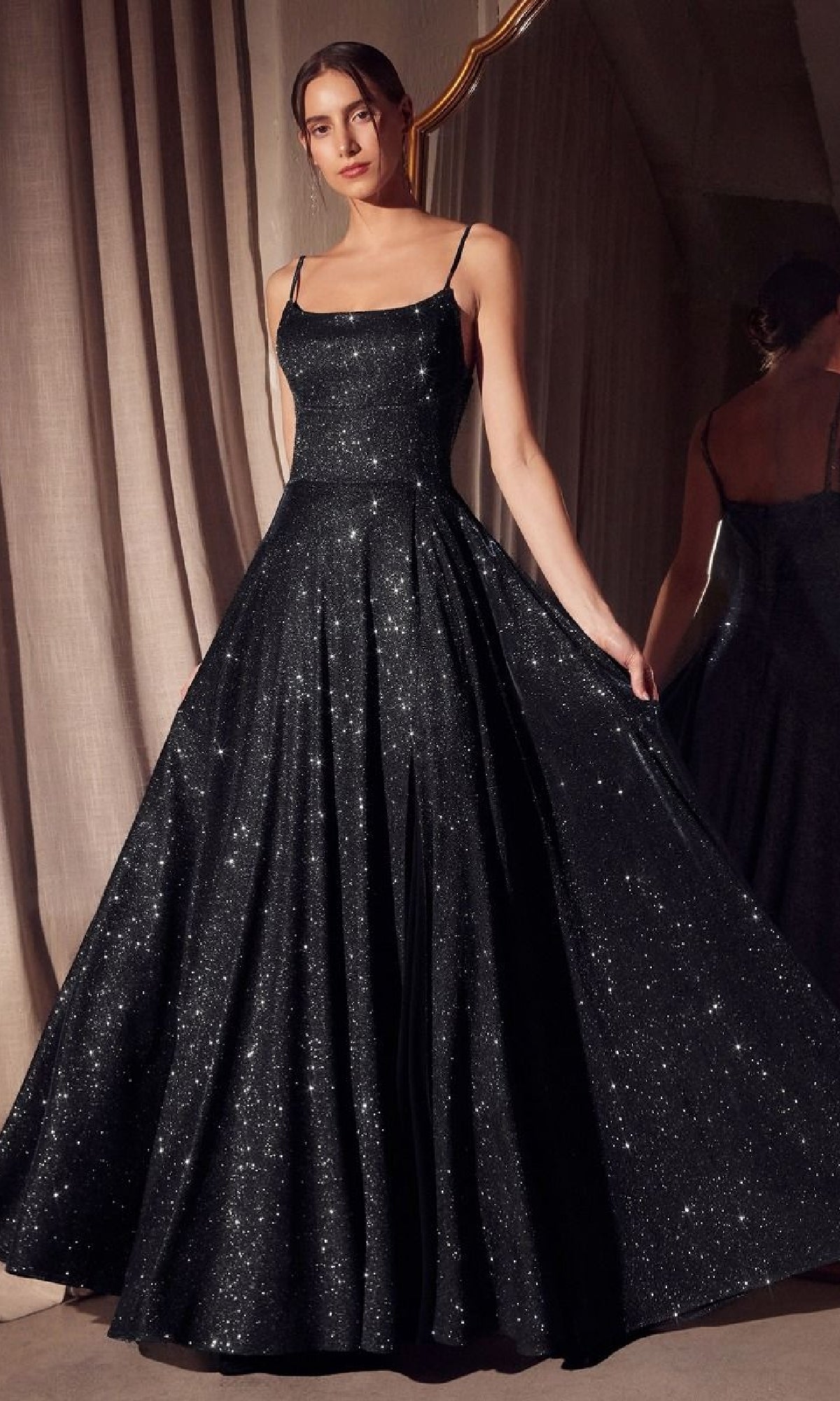 A woman wearing the Classic Long Glitter Prom Dress: Amoris T213.